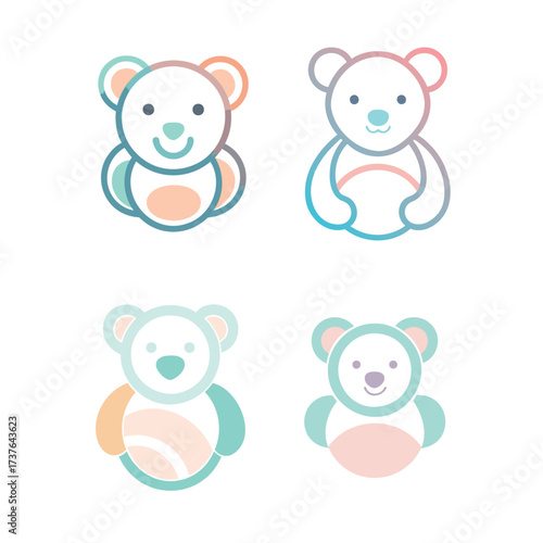 Four adorable cartoon teddy bear icons with soft pastel colors