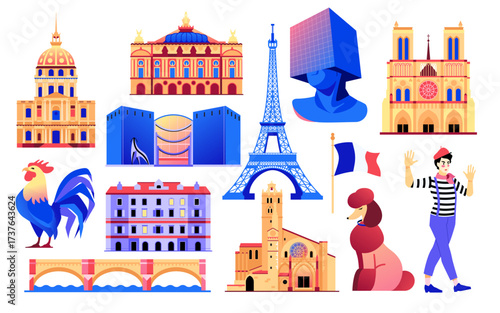 French landmarks and symbols - set of flat design style objects