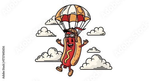 Cartoon hotdog parachuting through clouds with a smiling face illustration style