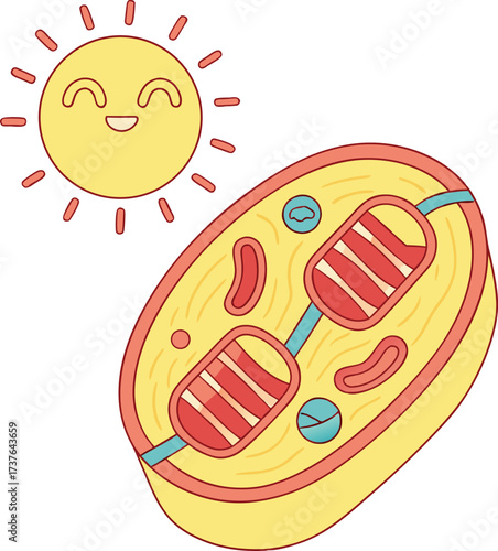 Joyful sun beaming down on a vibrant chloroplast, illustrating photosynthesis and cellular energy production in a dynamic, educational visual.