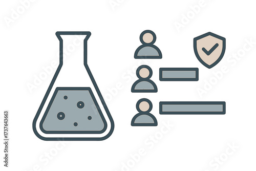 Scientific research process with people, safety shield, and laboratory flask