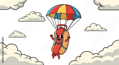 Cartoon hot dog character skydiving with a colorful parachute amidst fluffy clouds in the sky