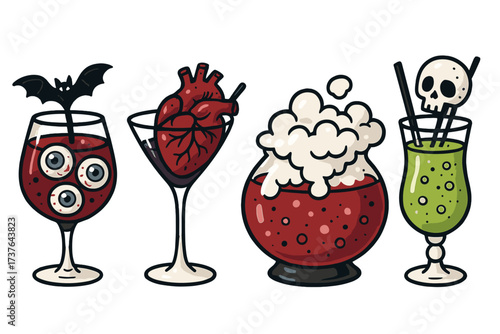 Assortment of eerie Halloween beverages featuring ghoulish ingredients and spooky garnishes for a festive celebration