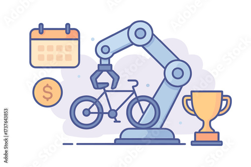 Robotic arm assembling a bicycle with calendar, money, and trophy symbols