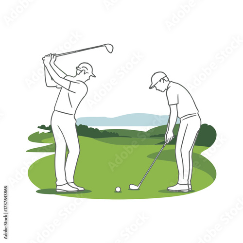 Two male golfers on a golf course with scenic landscape. Golf player preparing to hit ball. Golf course with green field and distant mountains.