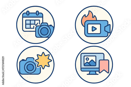 Essential digital media content production and management creative icon collection