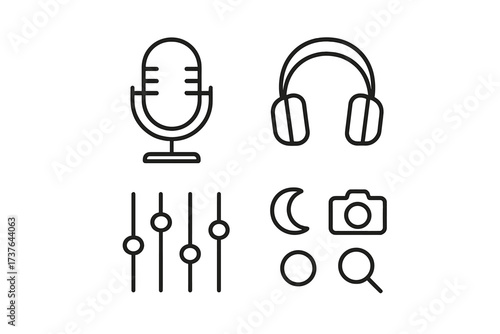 Modern minimalist line icons for sound, photography, and user interface controls