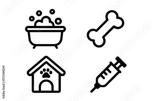 Set of essential pet care and veterinary icons including grooming, nutrition, shelter, and health