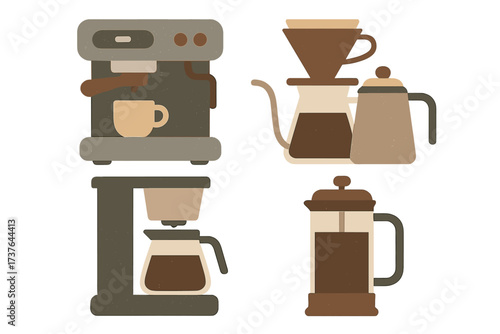 Collection of various coffee brewing equipment including espresso machine and French press