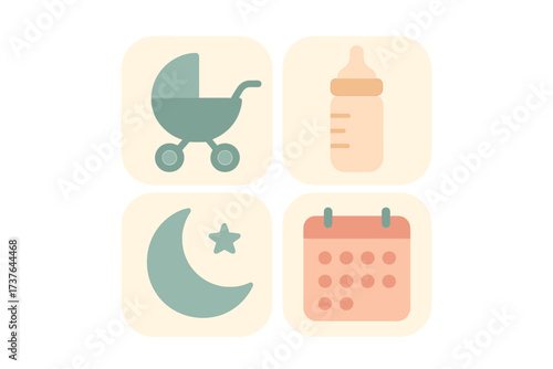 Infant care and daily routine icons featuring a stroller, bottle, moon, and calendar