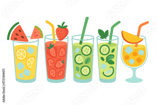 Variety of vibrant summer beverages with fresh fruit garnishes and ice