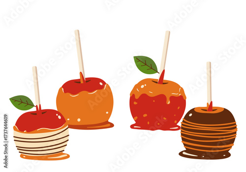 Colorful caramel apples on sticks in autumnal theme isolated on transparent background  