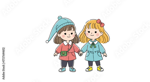 Adorable Cartoon Girls Holding Hands Wearing Winter Coats and Hats Best Friends Concept