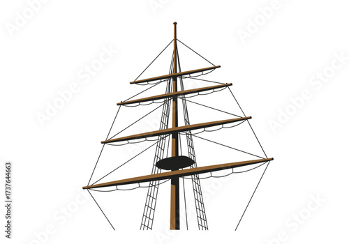 Ship mast with wooden structure and rigging details isolated on transparent background