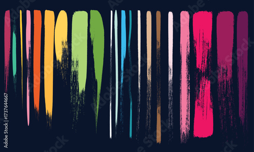 Vector grungy paint brush strokes collection. Calligraphy straight smears, stamp, lines. Hand drawn ink illustration isolated on dark blue background. colorful paint, ink brush stroke.eps10