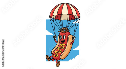 Whimsical hot dog character parachuting from the sky adding a touch of culinary adventure