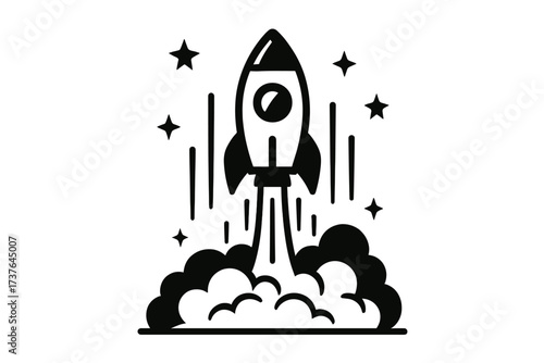 Stylized rocket launching into space with stars and smoke plumes representing progress and innovation