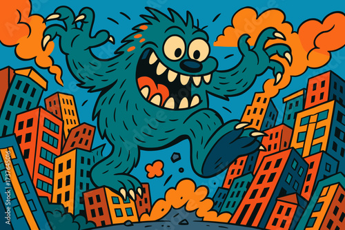 Teeth stomping buildings bending giant illustration monster vector city goofy stomp