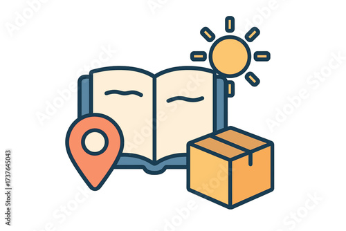 Open book with sun, location pin, and delivery box representing global services