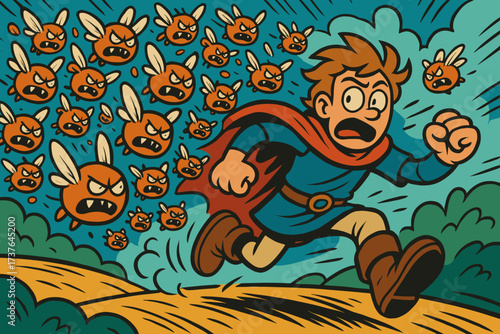 Illustration comical hero chasing monsters monster mini vector swarm after angry wings