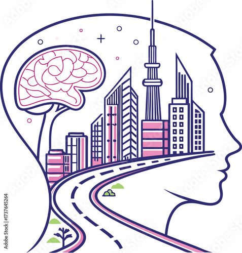 Vibrant cityscape unfolds within a stylized silhouette head, symbolizing urban thought and progress, innovative ideas blooming.
