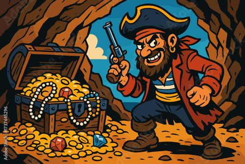 Treasure jewels sneaky pistol illustration overflowing guarded vector chest pirate