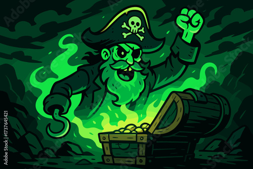 Ghostly rising surrounding treasure illustration eerie green vector light from pirate