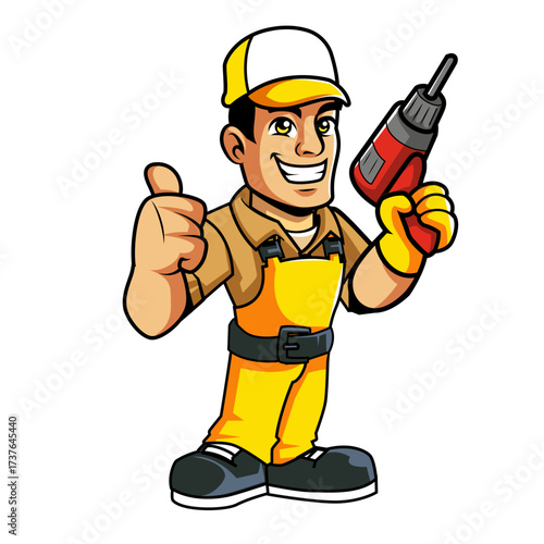 Construction Worker With Drill Giving Thumbs Up, Skilled Professional Cartoon Character