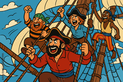 Sails crew rigging climbing energetically billowing vector adventure illustration pirate wind