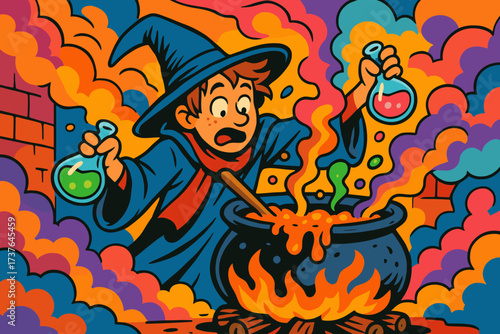 Potions filling bubbling vector room clumsily illustration mixing wizard clumsy fumes apprentice