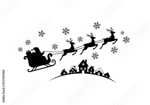 Santa Claus flying in sleigh with reindeer over snowy village isolated on transparent background, for engraving, embossing, printing, graphics  