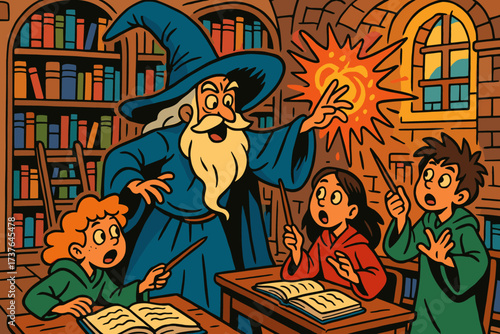 Wizard students eccentric hat library vector whimsical spells illustration grand oversized lessons