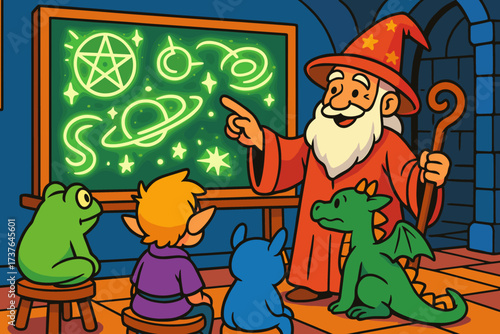 Magical vector classroom illustration wizard glowing group creatures enchanted diagrams teaching