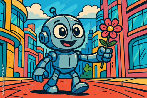 Eyes street city futuristic vector robot offering illustration flower round bright standing