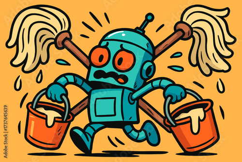 Buckets carrying comical mops robot tiny cleaner vector illustration comically oversized cleaning