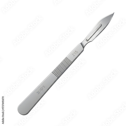 A sharp surgical scalpel with a textured handle isolated on transparent background