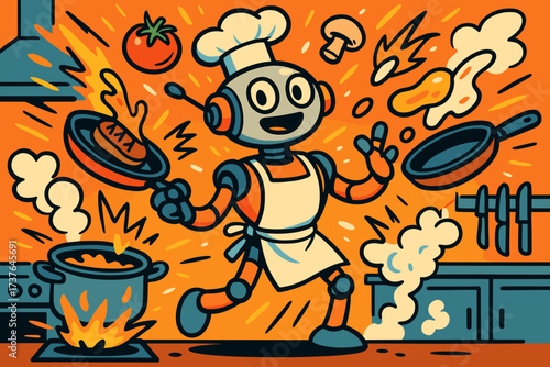 Illustration pans sparks chaos flying vector steam kitchen chef juggling robot