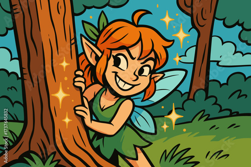 Grin magic mischievous illustration peek trunk fairy vector behind glow tree