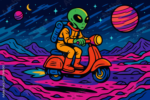 Extraterrestrial illustration alien scooter riding hovering explorer landscape vector adventure neon