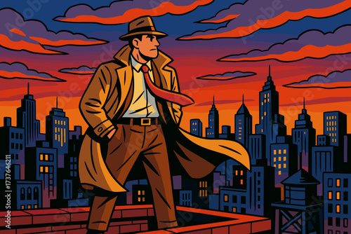 Blowing heroic trench rooftop detective illustration dusk watching skyline vector city