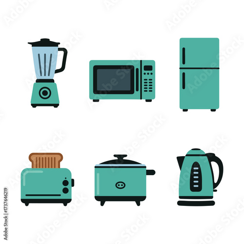 Modern kitchen appliances set with blender microwave fridge toaster rice cooker and electric kettle illustration
