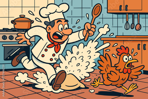 Vector comical kitchen flour chef chicken hand chasing s illustration everywhere