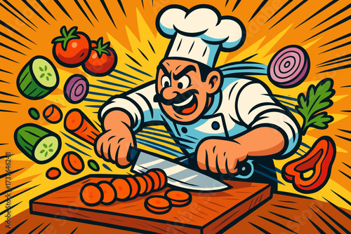 Skilled across cutting board chef dynamic slicing vector flying illustration vegetables lightning