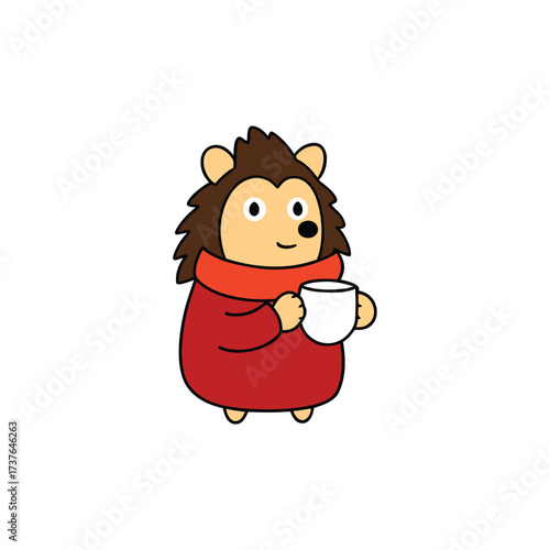 Cute hedgehog wearing scarf cozy warm holding hot chocolate mug winter season animal