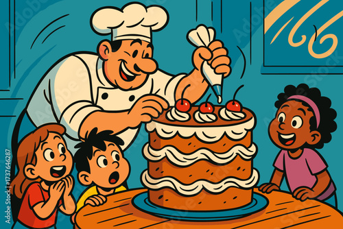 S decorating pastry illustration chef frosting watching cherries vector giant swirls eagerly