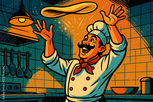 Illustration pizza master vector head light flour above tossing glowing chef kitchen