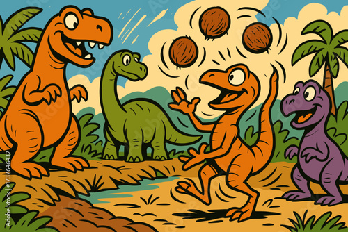 Scene dinosaur perched playful illustration birds down to vector back bending river