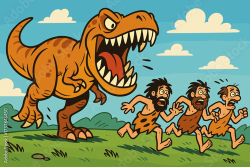 Comical chase across teeth exaggerated field grassy vector cavemen comically illustration dino