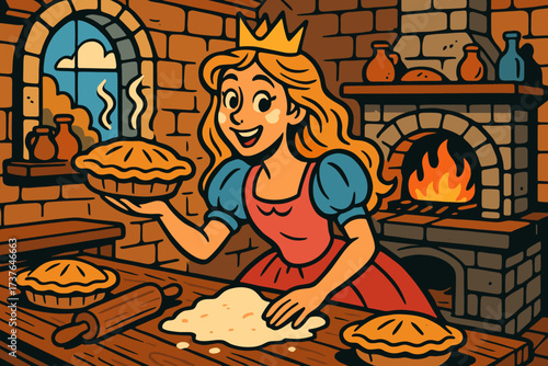 Glowing vector cheeks cozy princess her kitchen flour playful illustration baking pies