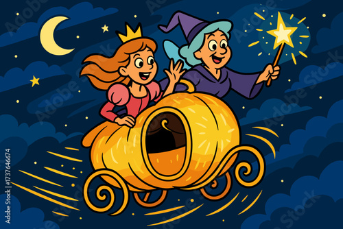 Vector princess illustration glowing magical through night sky flight flying fairy